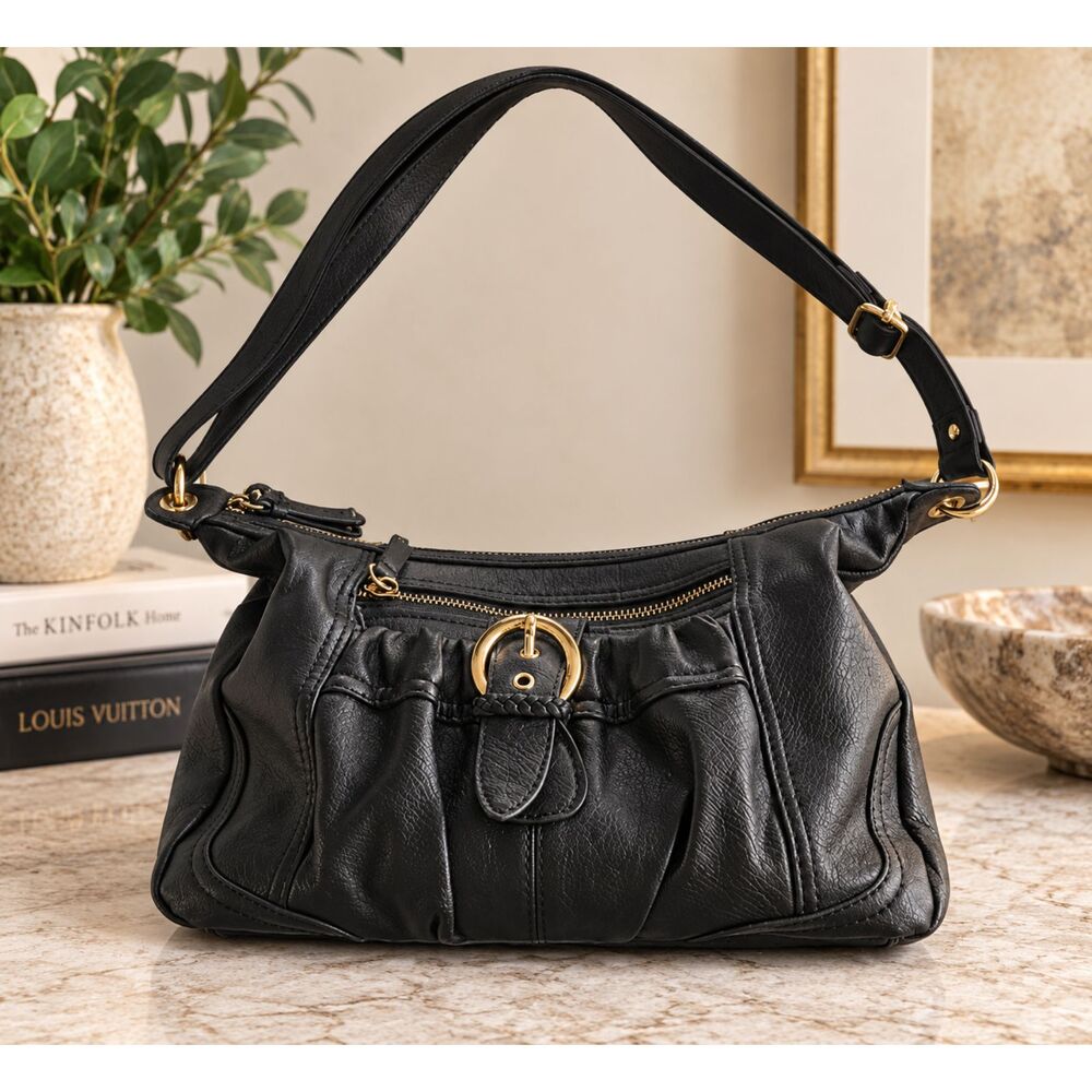 B.O.C. Born Concept Womens Black Leather Shoulder Bag Gold Hardware Buckle